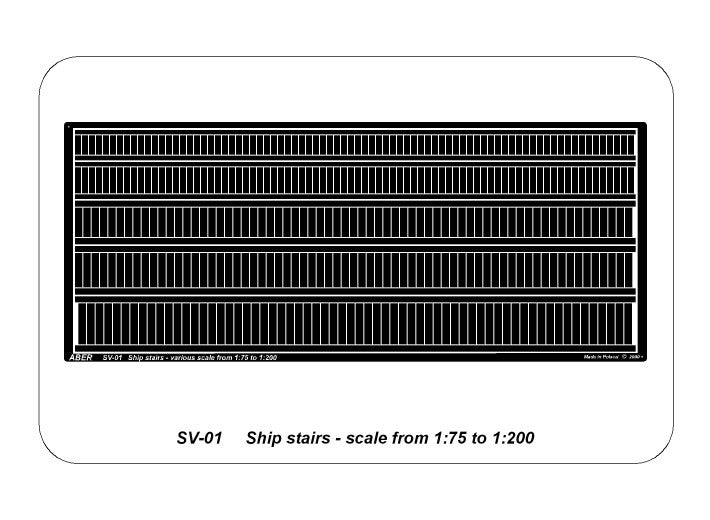 Photo of ABER (RE-SV-01) Ship Stairs, precision-etched brass accessory for 1:75 to 1:200 scale model ships, enhancing realism and detail.