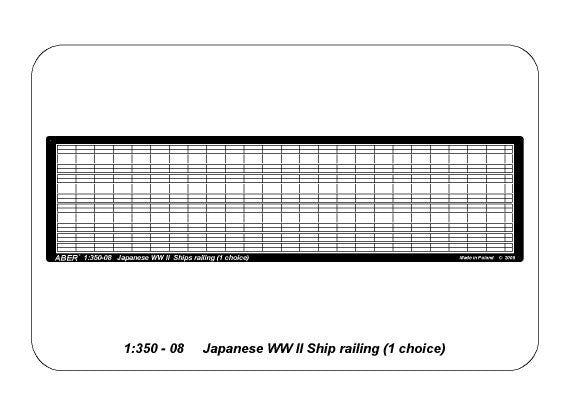 Photo of ABER (RE-350-08) Japanese WWII ship railings 1:350 scale, 8-piece photo-etched brass set with detailed supports and rods.