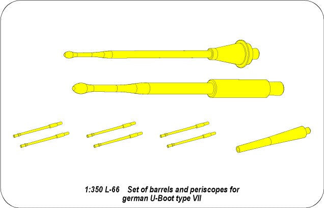 Photo of ABER RE-350 L66 U-Boot Type VII barrels and periscopes, 1:350 scale brass detailing set for WWII German submarine models.