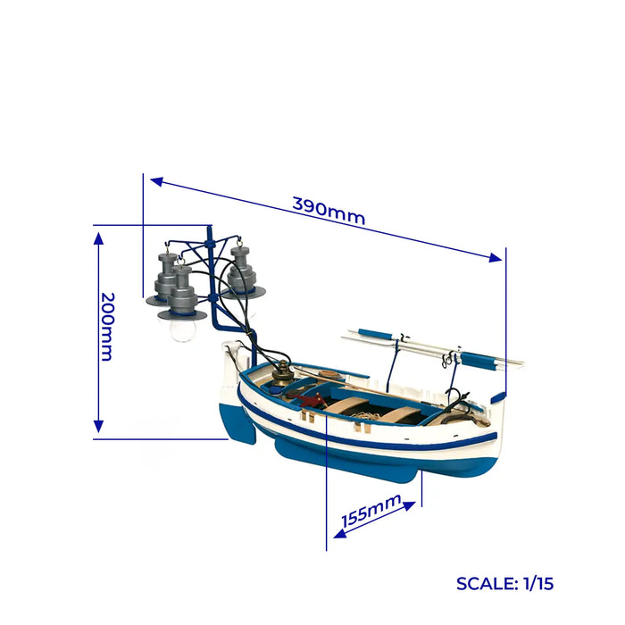 Photo of the Calella 1:15 Scale Model Ship Kit by OcCre, a beautifully detailed wooden Mediterranean light boat with stabilizers and a rope-controlled rudder.