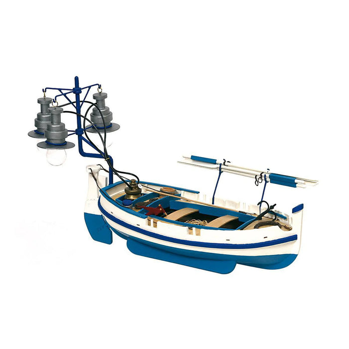 Photo of the Calella 1:15 Scale Model Ship Kit by OcCre, a beautifully detailed wooden Mediterranean light boat with stabilizers and a rope-controlled rudder.