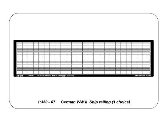 Photo of ABER (RE-350-07) German WWII ship railing set for 1:350 scale models, featuring precision-etched brass railings with supports.