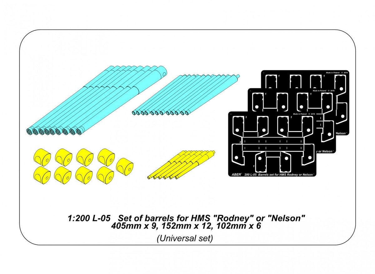 Photo of HMS Rodney / HMS Nelson 1:200 Scale Armament Set by ABER (RE-200 L05), featuring high-quality brass barrels for enhanced model accuracy.