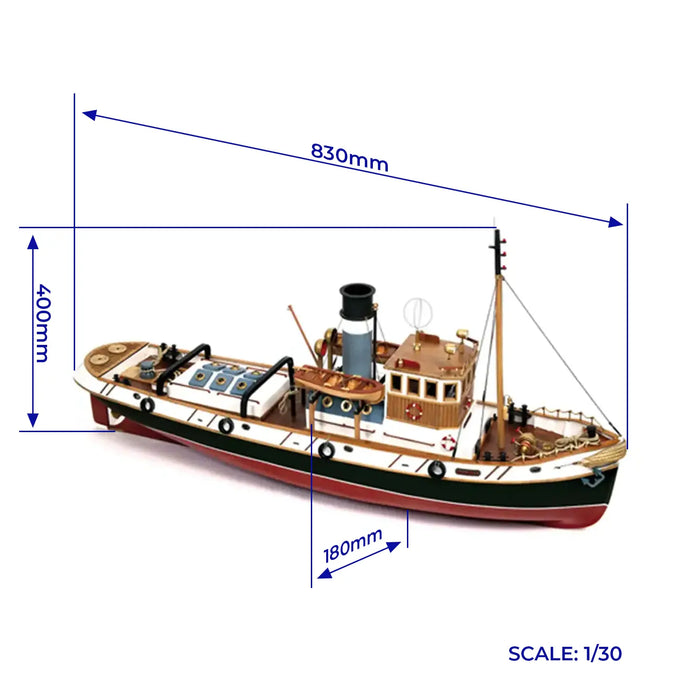 Photo of the Ulises Tug Boat Model Kit (1:30 Scale) by OcCre (61001), a detailed wooden and metal ship model featuring a steel hull, wooden crew areas, and intricate maritime details.