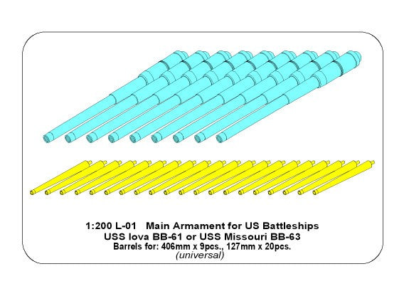 Photo of ABER RE-200 L01 Universal Armament Set for 1/200 USS Iowa / USS Missouri, featuring 9x 406mm and 20x 127mm precision metal barrels.