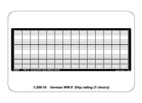 Photo of ABER RE-200-10 German WWII Ship Railing 1:200 scale – precision photo-etched brass set with supports and four-rod railings for model ships.