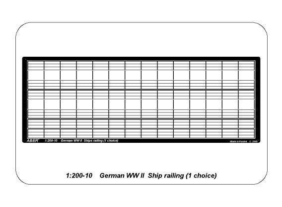 Photo of ABER RE-200-10 German WWII Ship Railing 1:200 scale – precision photo-etched brass set with supports and four-rod railings for model ships.