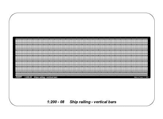 Photo of ABER RE-200-08 Ship Railings, 1:200 scale, featuring six 115 cm-long photo-etched metal pieces with vertical bars for model ship detailing.