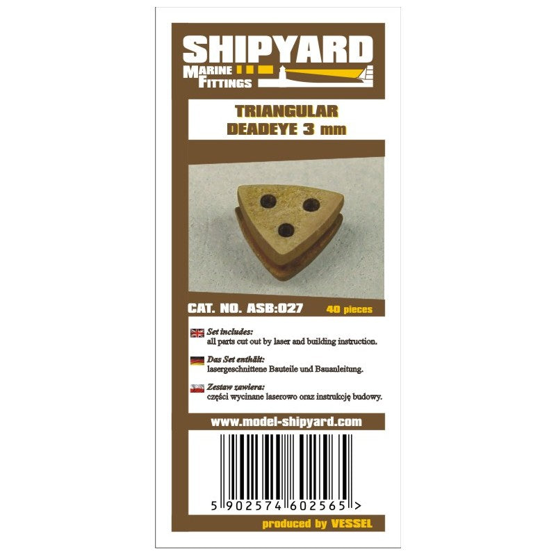 Image showcasing the Triangular Deadeye 3mm Card Rigging Blocks from Shipyard, a pack of 40, designed for detailed and authentic model ship rigging.
