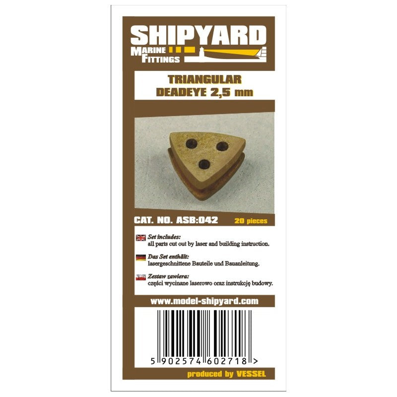 Image of 2.5mm Triangular Deadeye Rigging Blocks by Shipyard, a pack of 20, designed for detailed model ship self-assembly and accurate rigging enhancement.