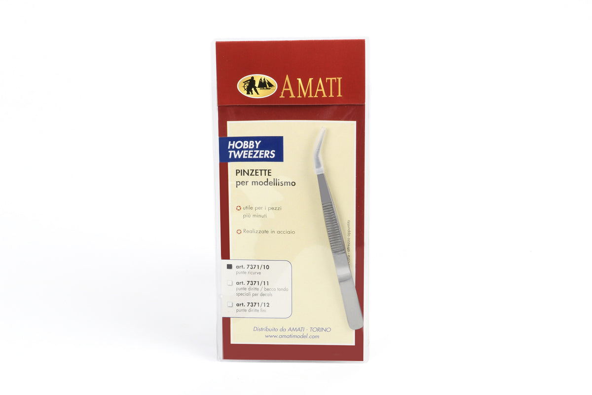 Photo of Amati Bent Nose Tweezers (B7371,10) – precision stainless steel tweezers with a curved tip for model making.