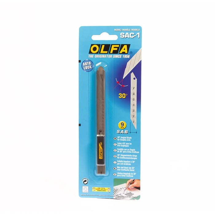 Photo of OLFA Graphics Snap Knife 9mm SAC-1 with a slim stainless steel handle, an acute 30-degree blade, and a built-in blade snapper in the pocket clip.