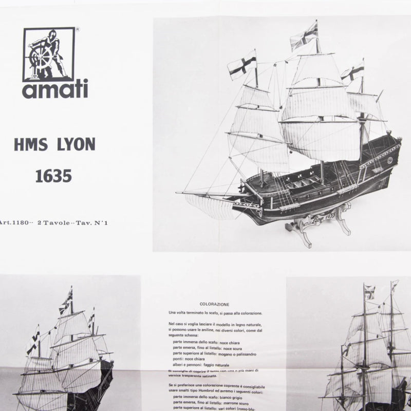 Photo of HMS Lyon Lee sailship construction plans by Amati (B1180), detailed blueprint for model shipbuilding.