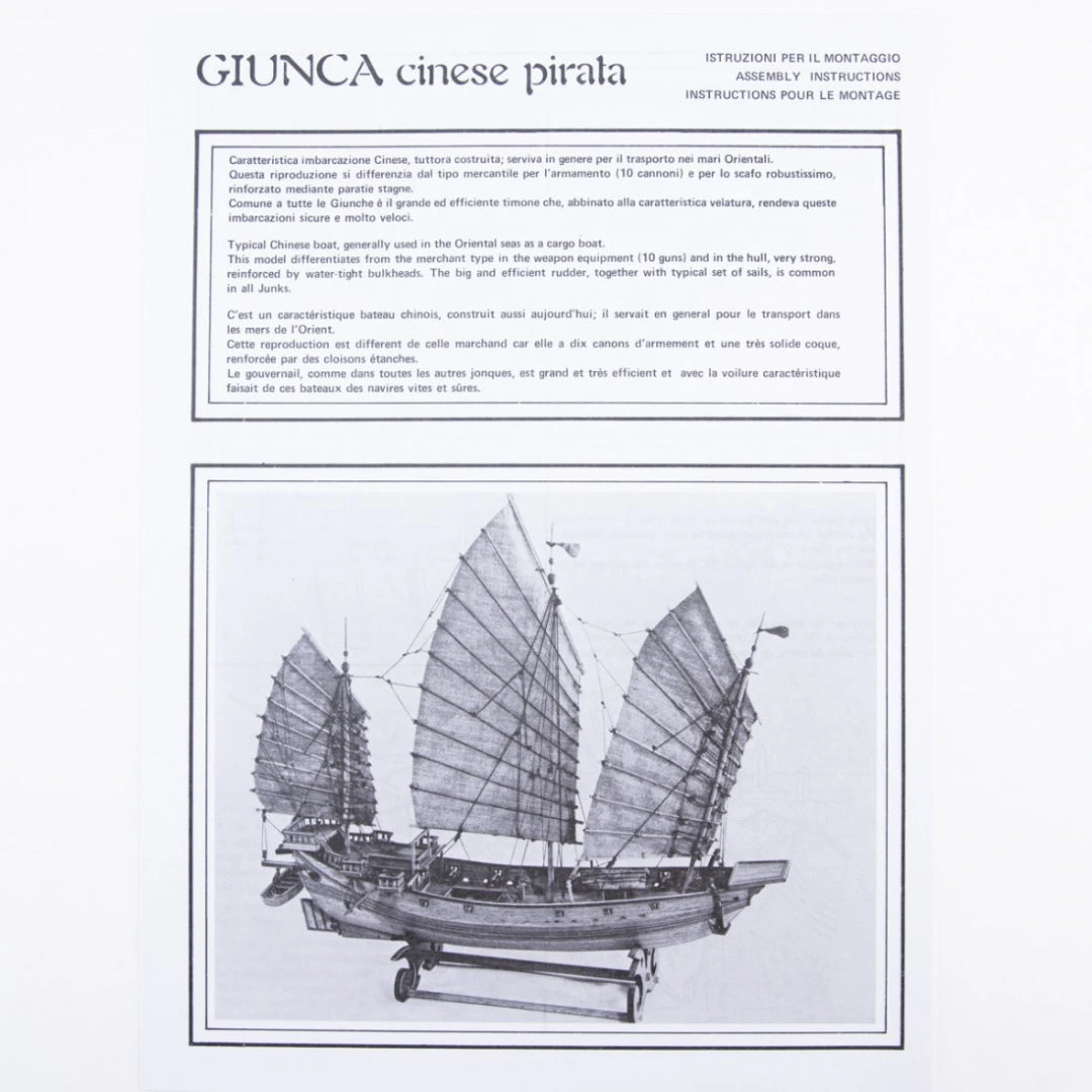 Photo of Chinese Pirate Junk construction plans by Amati (B1021), showcasing detailed design.