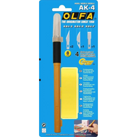 Photo of OLFA Precision Craft Knife (AK-4) with a cushion-grip handle, anti-roll device, and 4 interchangeable blades.