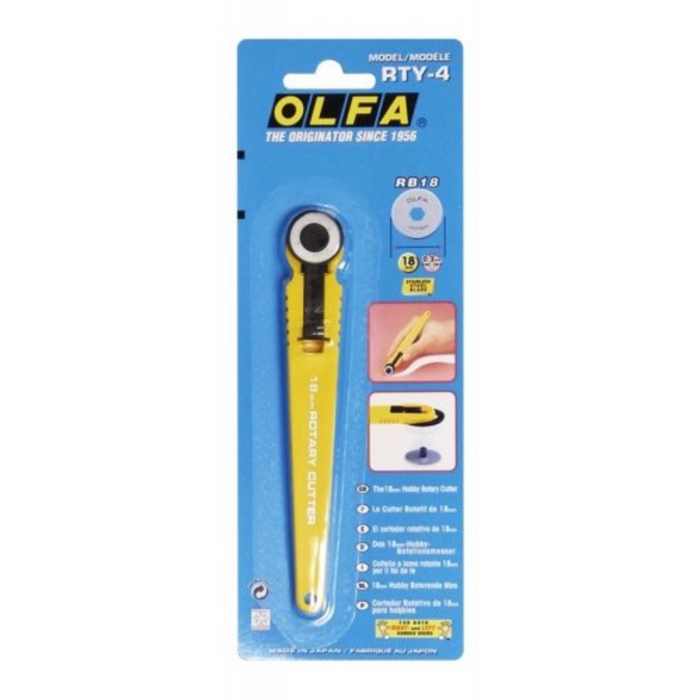 Photo of OLFA RTY-4 18mm Classic Straight Rotary Cutter with blade cover for safety storage, designed for precision cutting in sewing and crafting.