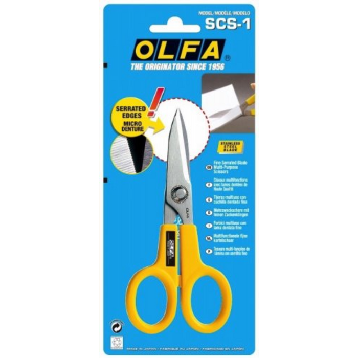 Photo of OLFA Powergrip Scissors (SCS1) with ultra-sharp 40mm stainless steel blades and ergonomic handle, designed for precise cutting on various materials.