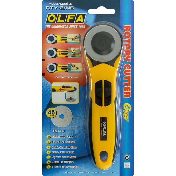 Photo of OLFA Quick-Change Advanced Rotary Cutter 45mm with ergonomic handle and safety blade guard.