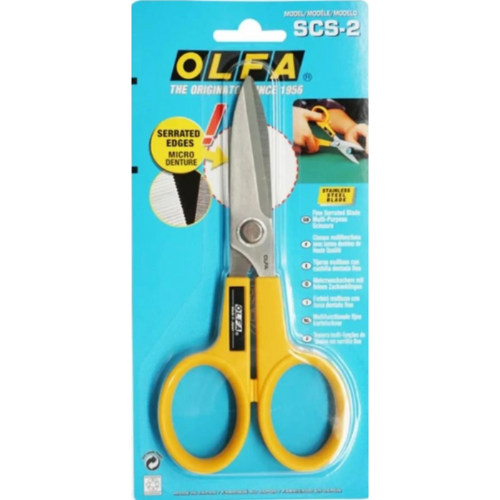 Photo of OLFA Powergrip Scissors 55mm with ultra-sharp stainless steel serrated blades and ergonomic handle, designed for precision cutting on various materials.