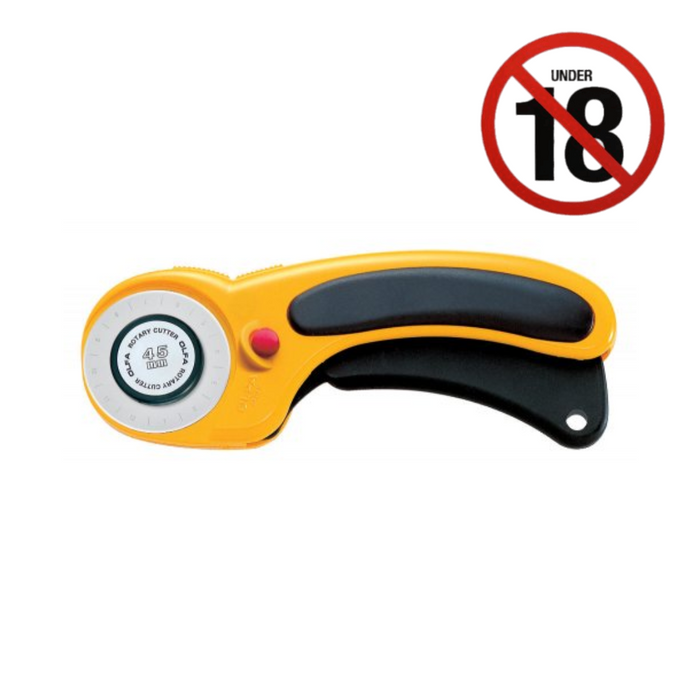 Photo of OLFA Deluxe Ergonomic Rotary Cutter 45mm (OLF/RTY2DX) with a curved ergonomic handle, rubber grip, and safety trigger mechanism.