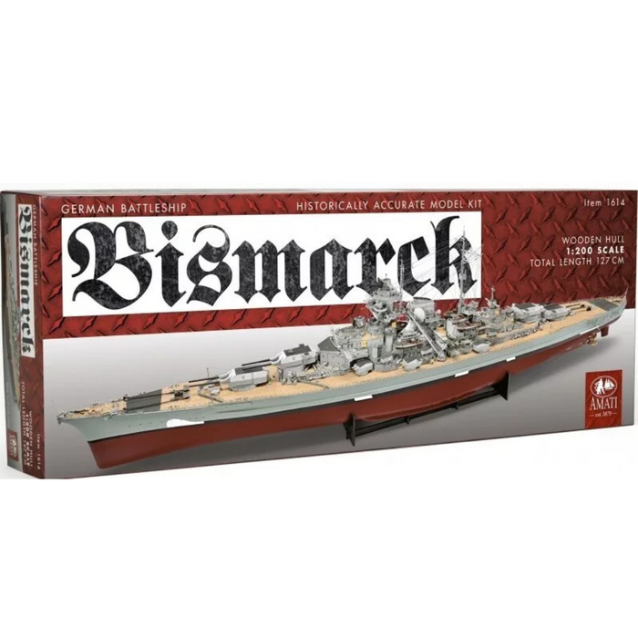 Photo of the 1:200 scale wooden model kit of the WWII battleship Bismarck by Amati