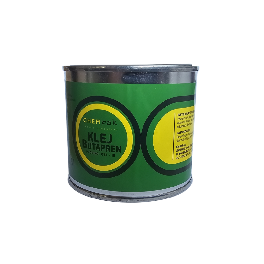 Photo of Butapren OBT III Chempak adhesive in a 150ml metal can, ideal for assembling card models and precision crafts.