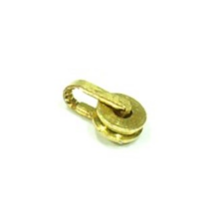 Photo of brass rigging block set with dimensions R-2.5mm, H-4.3mm, D-1.7mm, 10 single-reel pieces by RB Model 05601.