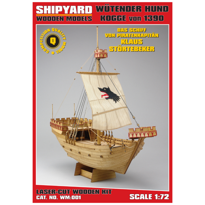 Photo of Wütender Hund - Kogge von 1390, a 1:72 scale wooden model ship kit, featuring laser-cut parts, engraved planks, rigging accessories, and detailed historical design.