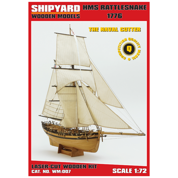 Photo of the HMS Rattlesnake 1776 wooden model kit by Shipyard in 1:72 scale, showing laser-cut parts, brass details, rigging accessories, and sails.