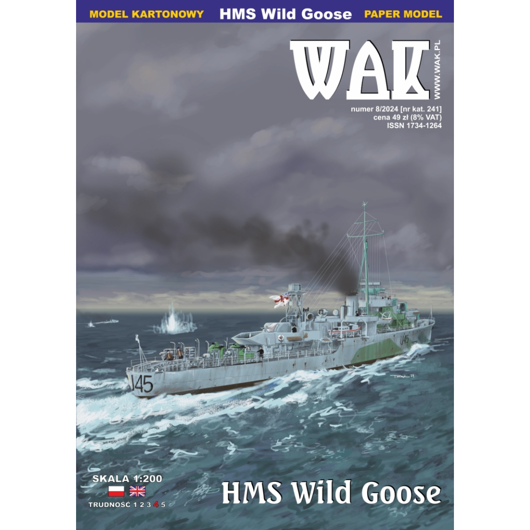 Photo of 1:200 scale card model kit of HMS Wild Goose by WAK Publishing, showing precision-cut details and accurate design of the WWII warship.