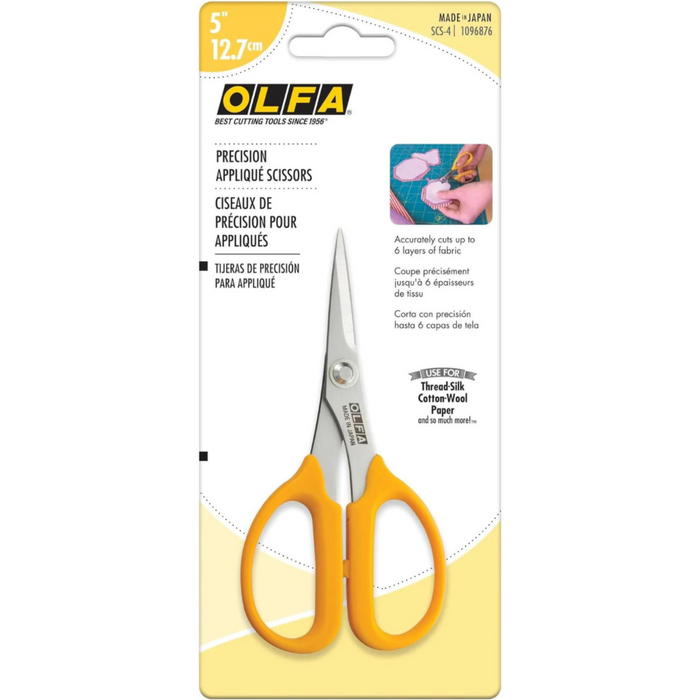 Photo of OLFA Precision Appliqué Scissors (OLF/SCS4) with stainless steel blades, ergonomic symmetrical handles, and sharp cutting edges.