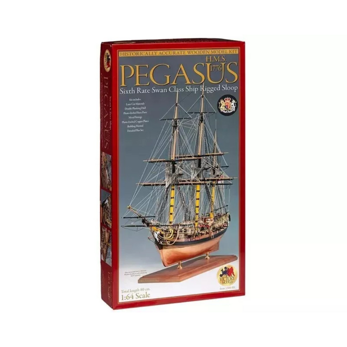 Photo of the Amati HMS Pegasus wooden model ship kit in 1:64 scale, showcasing premium materials and detailed components.