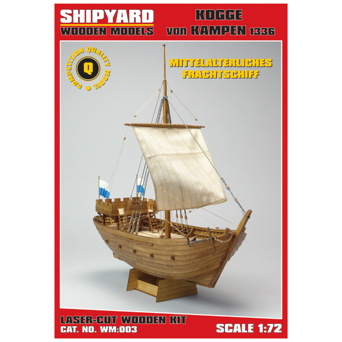 Photo of Kogge von Kampen 1336 model ship kit 1:72 by Shipyard (WM:003) with laser-cut wooden parts, sails, rigging, and painting accessories.