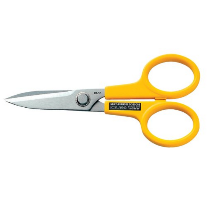 Photo of OLFA Powergrip Scissors 55mm with ultra-sharp stainless steel serrated blades and ergonomic handle, designed for precision cutting on various materials.