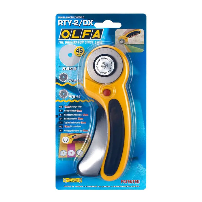 Photo of OLFA Deluxe Ergonomic Rotary Cutter 45mm (OLF/RTY2DX) with a curved ergonomic handle, rubber grip, and safety trigger mechanism.