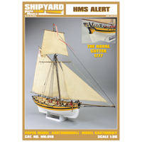 Image of Shipyard's HMS ALERT 1:96 card model kit, showcasing detailed laser-cut parts and the intricacy of the historic British cutter, ideal for model ship enthusiasts.