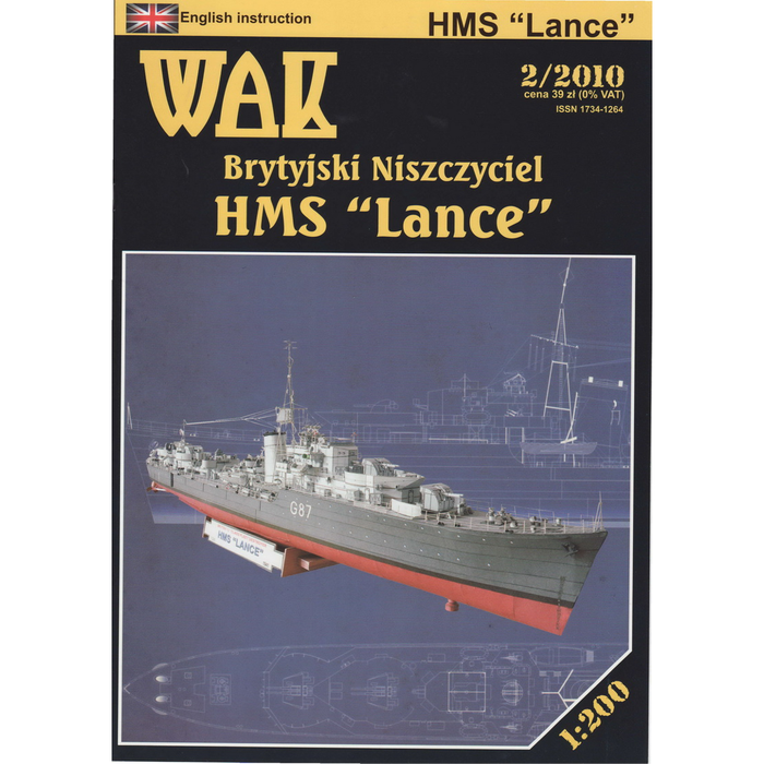 Image of HMS Lance 1:200 Scale Card Model Kit by WAK Publishing, showcasing the kit's components and detailed design for a historically accurate replica.