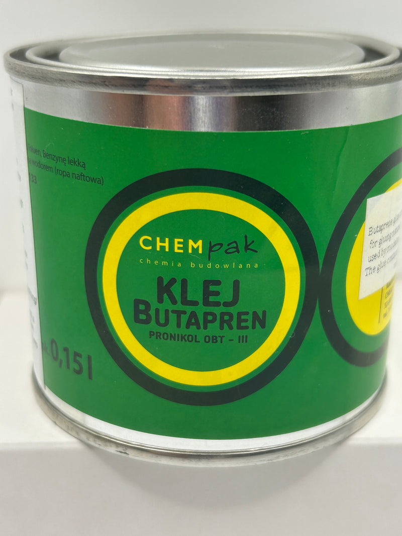 Photo of Butapren OBT III Chempak adhesive in a 150ml metal can, ideal for assembling card models and precision crafts.