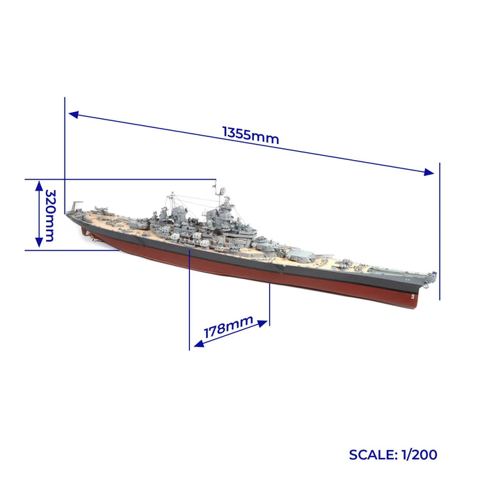 Photo of USS Missouri BB-63 1:200 scale model kit from OcCre, showcasing a highly detailed replica of the historic World War II battleship.