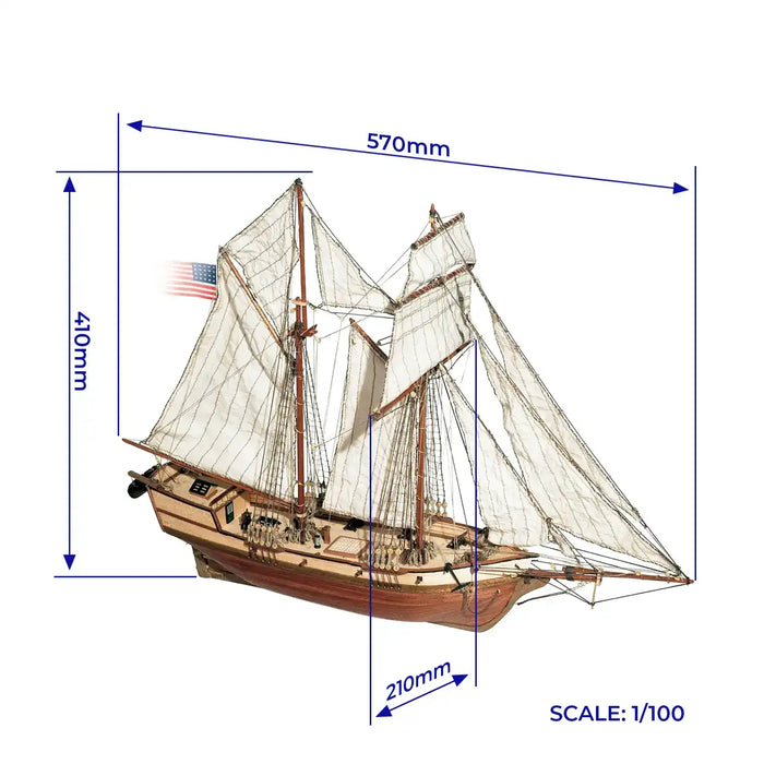 Photo of Albatros 1:100 scale wooden ship model kit by OcCre, featuring detailed rigging, wooden deck, and historical schooner design.