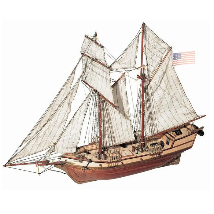 Photo of Albatros 1:100 scale wooden ship model kit by OcCre, featuring detailed rigging, wooden deck, and historical schooner design.