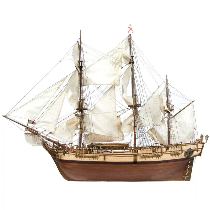 Photo of the HMS Bounty 1:45 Scale Model Kit by OcCre (14006), featuring a highly detailed wooden replica of the historic Royal Navy vessel.