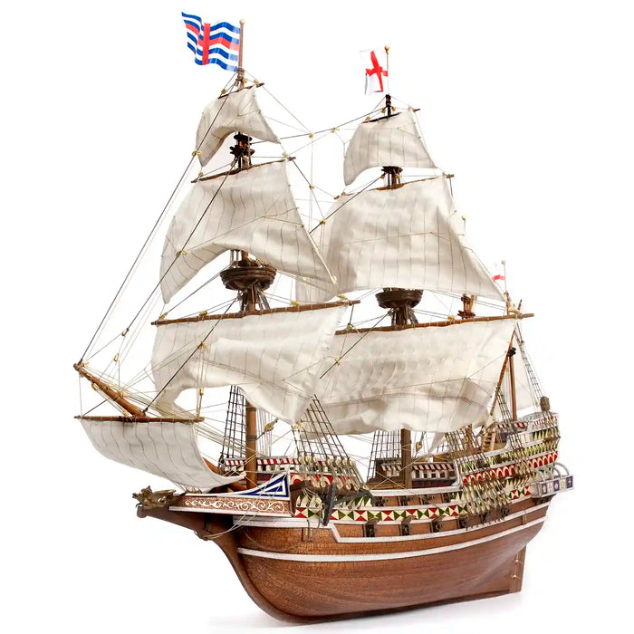 Photo of the HMS Revenge 1:85 scale wooden model kit by OcCre, showcasing detailed rigging, laser-cut wooden parts, and realistic metal fittings.