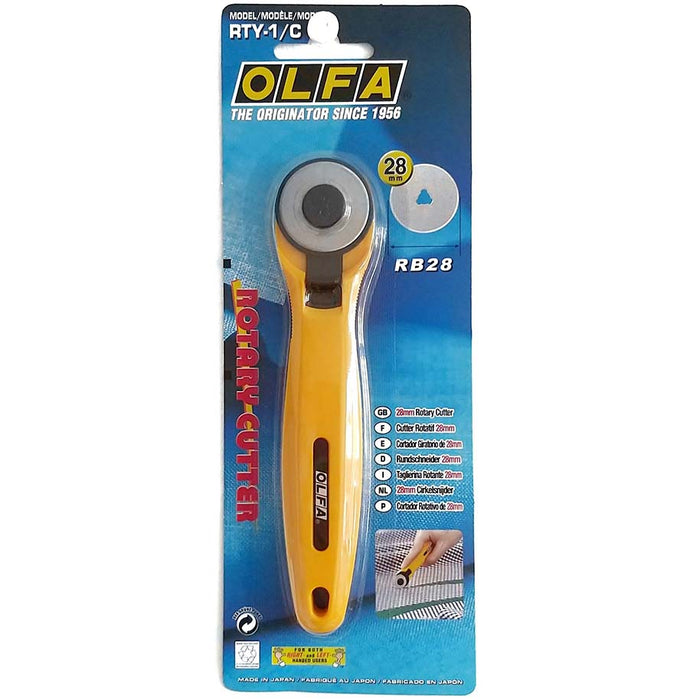 Photo of OLFA Quick-Change Rotary Cutter 28mm with ergonomic contoured handle and quick-change blade system, designed for precision cutting.