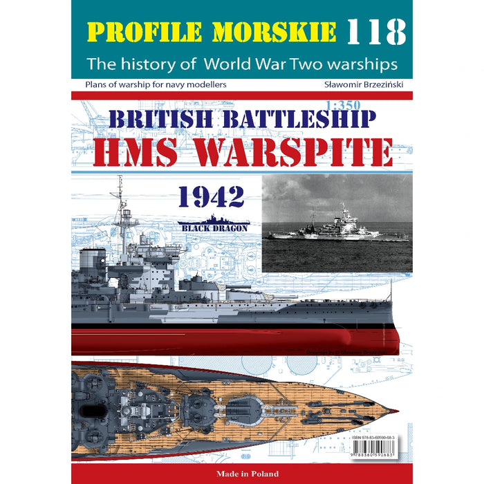 Photo of Profile Morskie 118 British Battleship HMS Warspite publication, featuring 1:300 scale model plans and historical images.