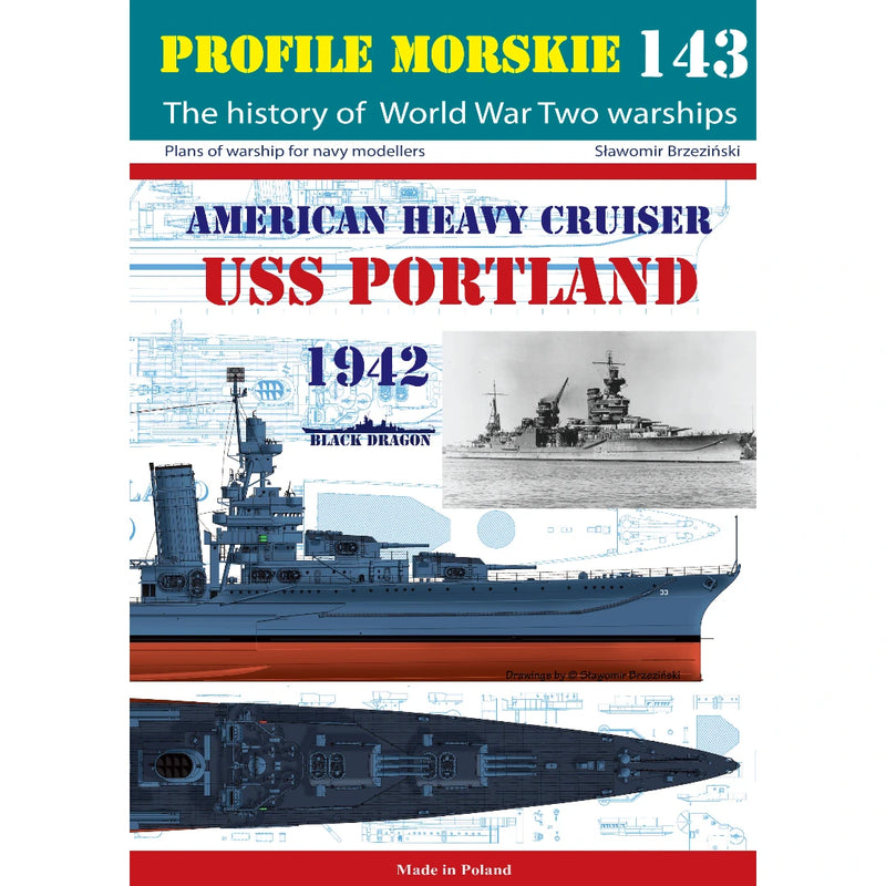 Photo of the USS Portland from Profile Morskie 143 featuring detailed 1:300 scale plans and historical images.