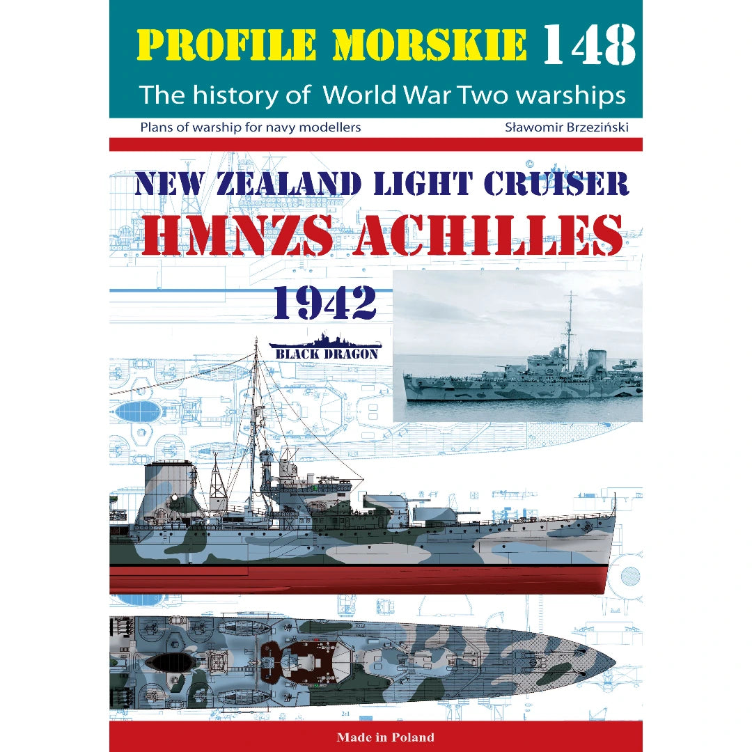 Photo of Profile Morskie 148: New Zealand's Light Cruiser HMNZS Achilles cover showing naval ship plans and historical imagery.

