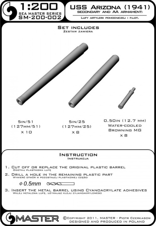 Photo of the Master SM-200-002 brass barrel set for the USS Arizona BB-39 (1941) in 1:200 scale, featuring precision-turned brass barrels for secondary and anti-aircraft armament.