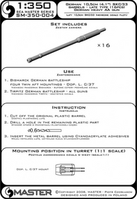 Photo of Master Model 1/350 scale 10.5cm (4.1in) SKC/33 brass barrels, 16-piece set for German warship models.