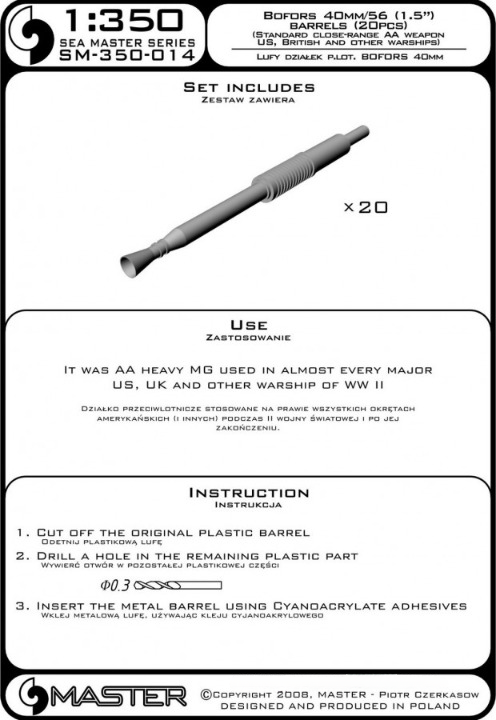 Photo of Master Model SM-350-014 Bofors 40mm/56 metal barrels set (20pcs) for 1:350 scale WWII warship models.